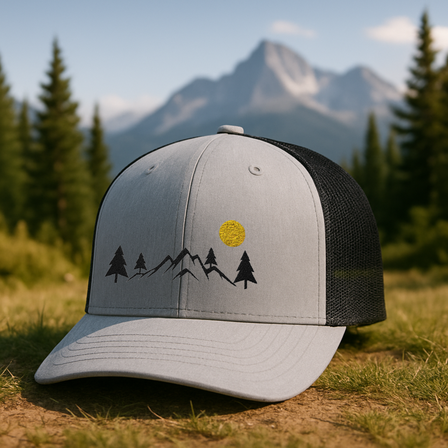 Mountain Trucker Hat for Hikers, Rustic Trucker Cap