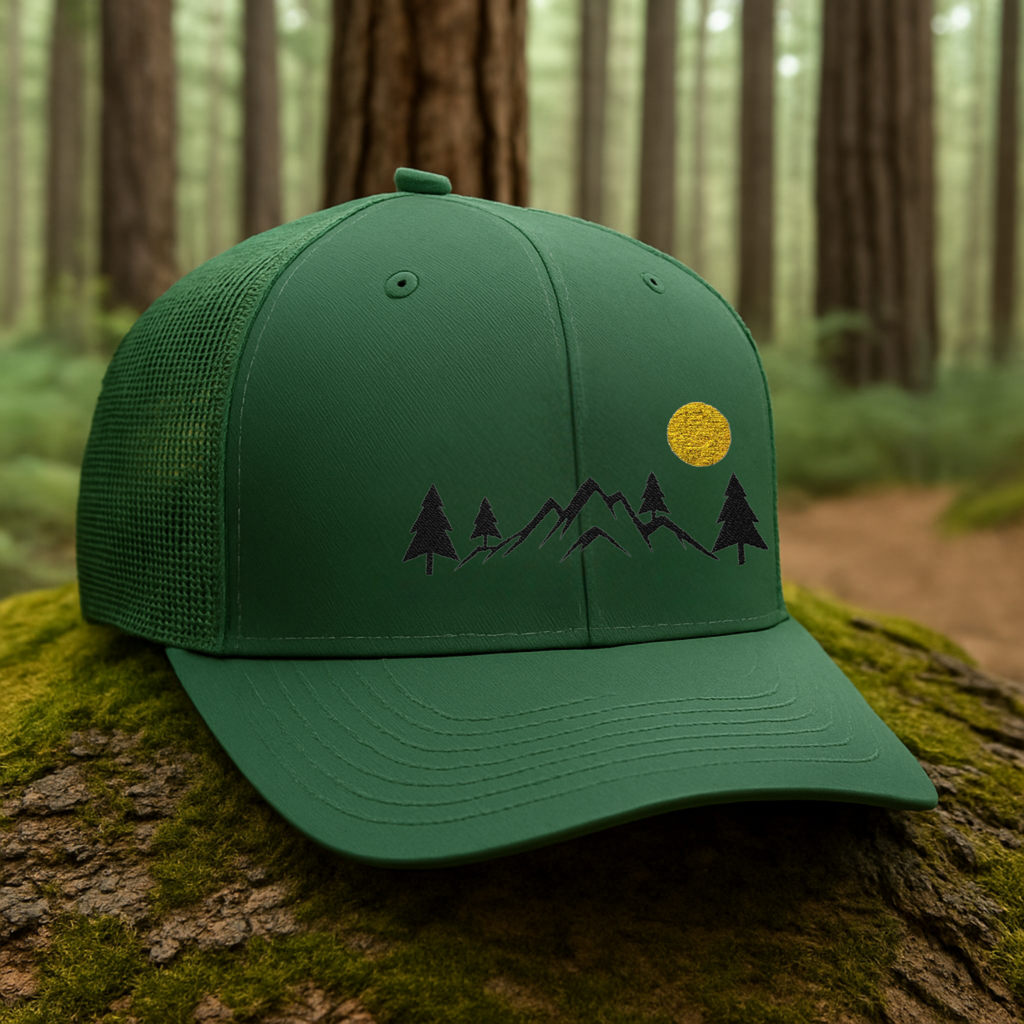 Mountain Trucker Hat for Hikers, Rustic Trucker Cap
