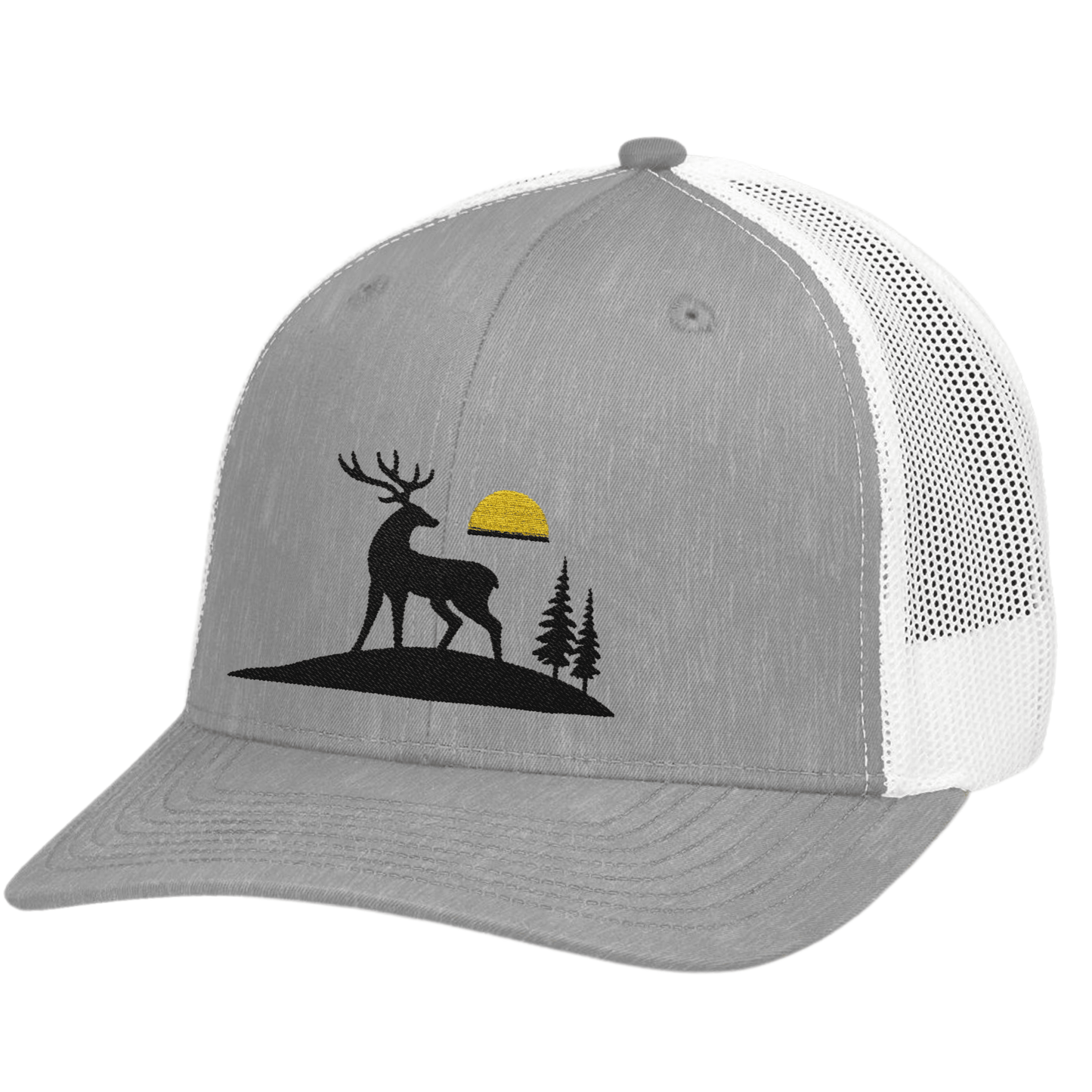 Trucker Cap, Deer Trucker Hat, Embroidered Cap with Sunrise Design, Rustic Hunting Gift for Men, Outdoor Snapback Hat, Designed in USA