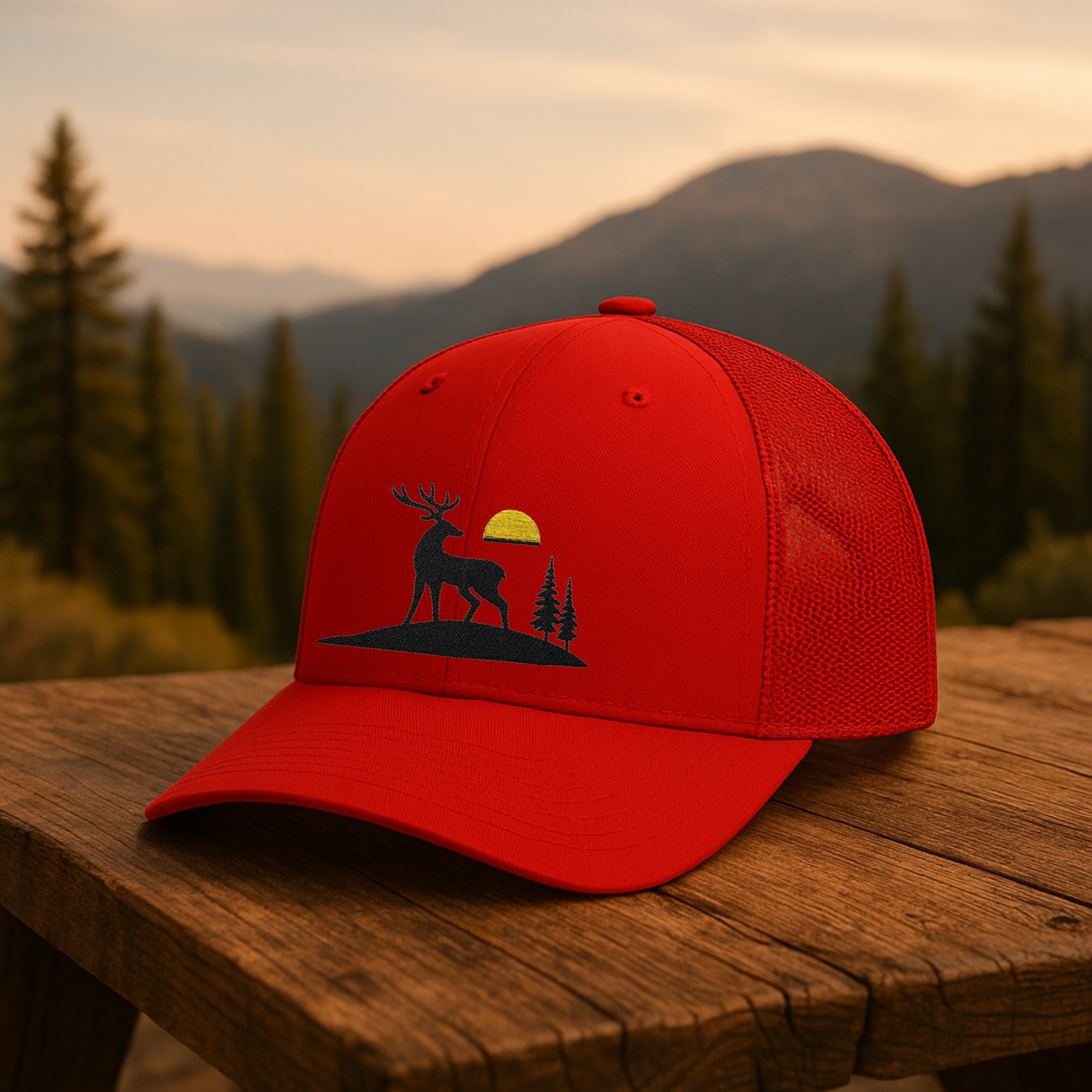 Trucker Cap, Deer Trucker Hat, Embroidered Cap with Sunrise Design, Rustic Hunting Gift for Men, Outdoor Snapback Hat, Designed in USA
