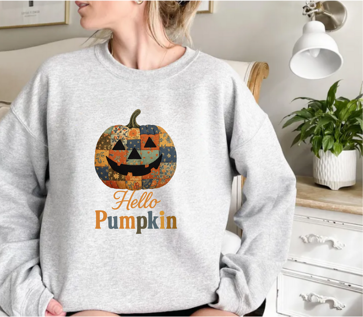 Hello Pumpkin Sweatshirt, Vintage Patchwork Halloween Pullover