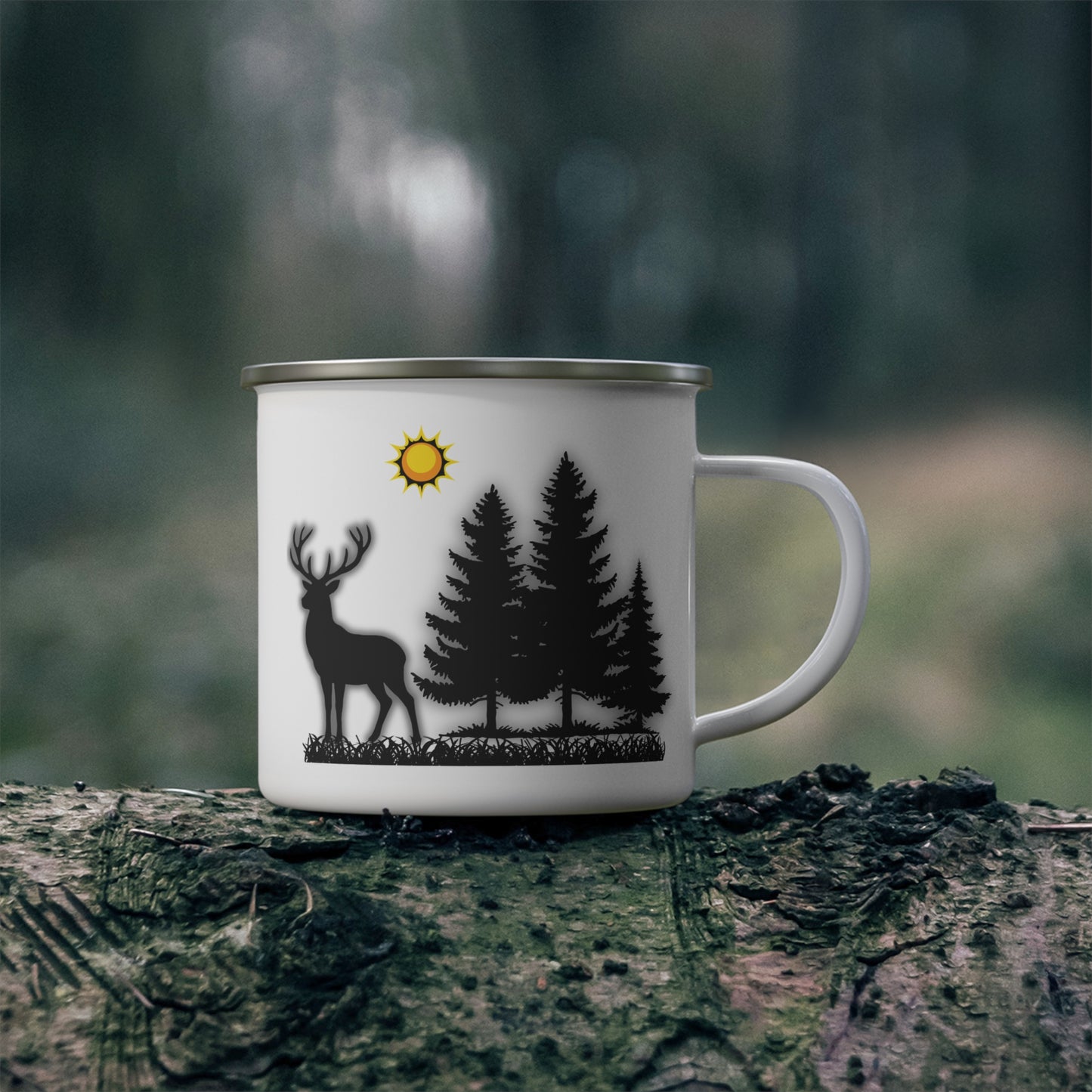 Enamel Camping Mug with Deer and Pine Trees
