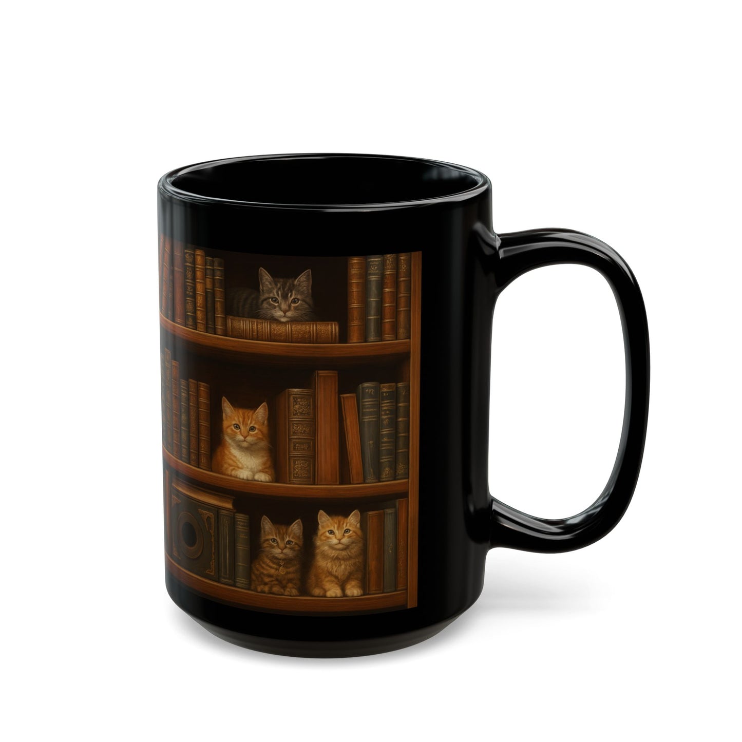 Bookshelf Cats – Black Ceramic Mug