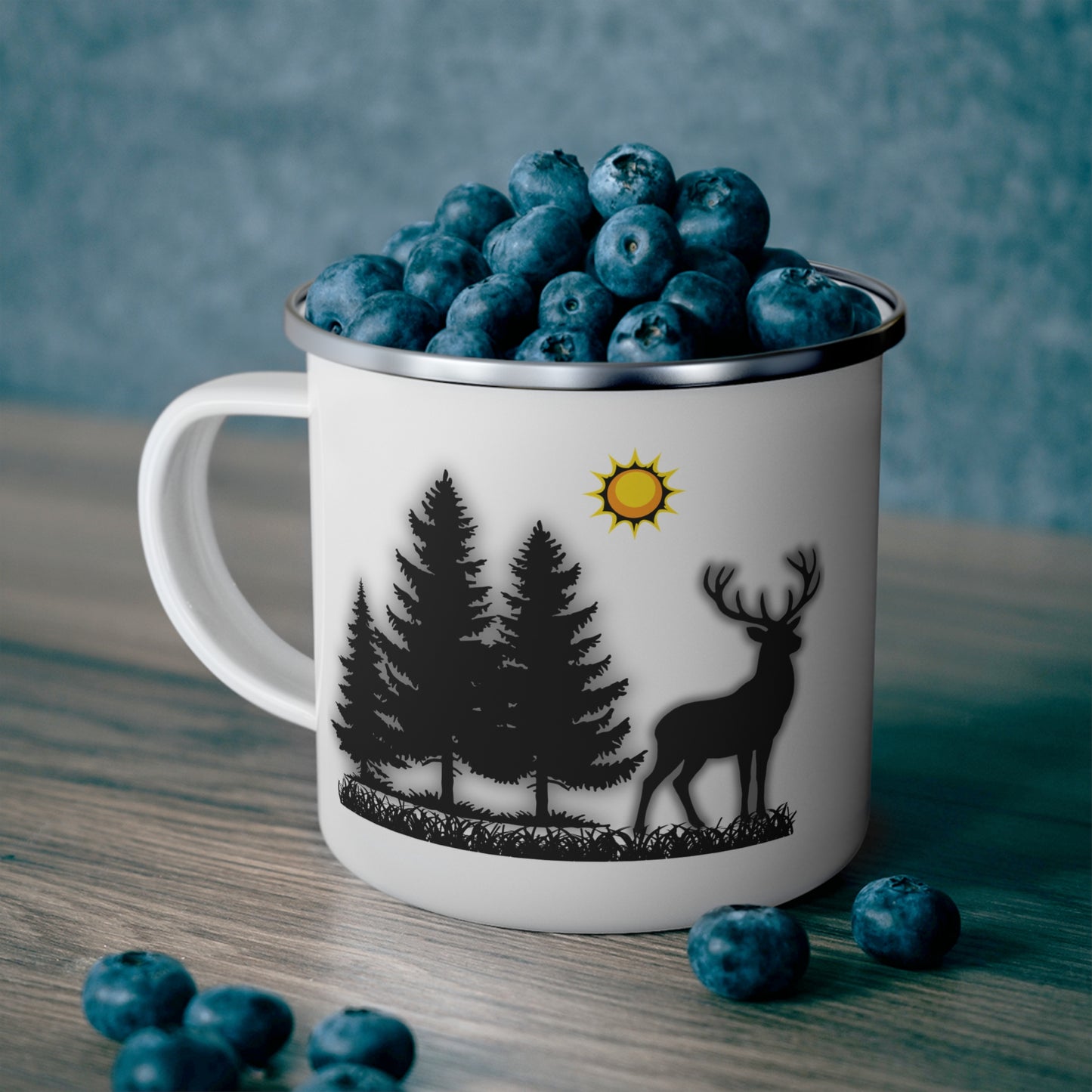 Enamel Camping Mug with Deer and Pine Trees
