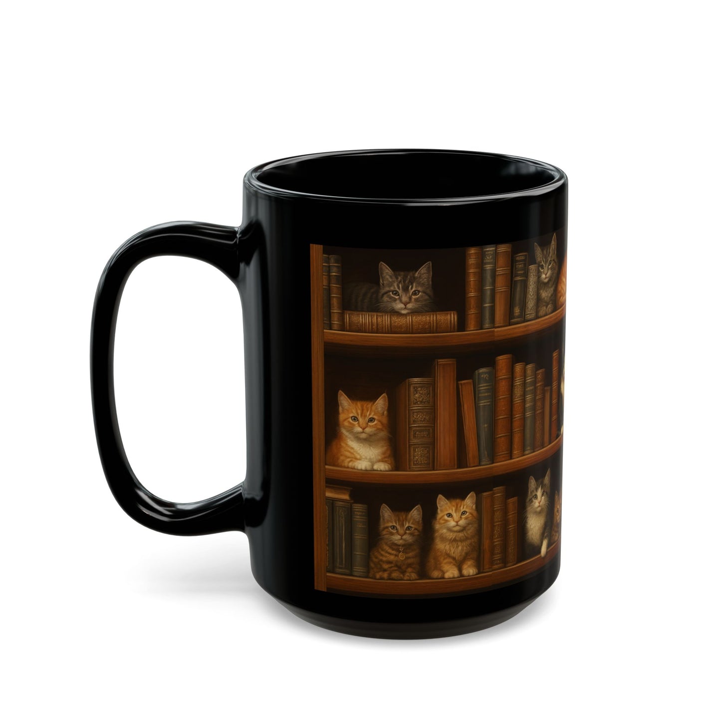 Bookshelf Cats – Black Ceramic Mug