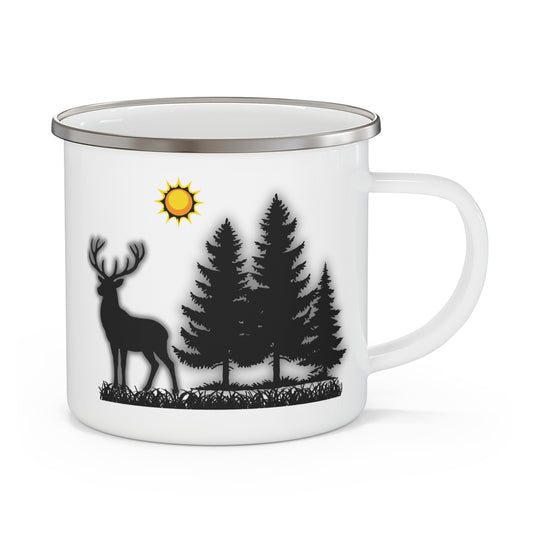 Enamel Camping Mug with Deer and Pine Trees