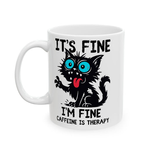 Funny Black Cat Coffee Mug, Caffeine Is Therapy