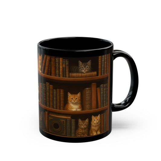 Bookshelf Cats – Black Ceramic Mug
