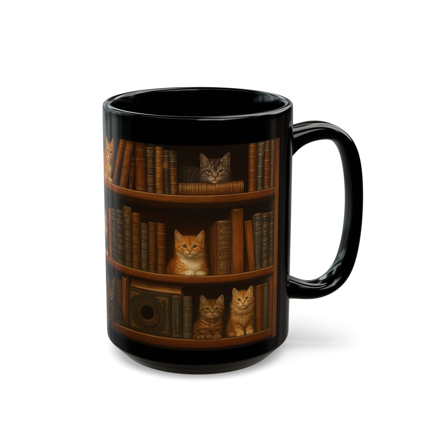 Bookshelf Cats – Black Ceramic Mug