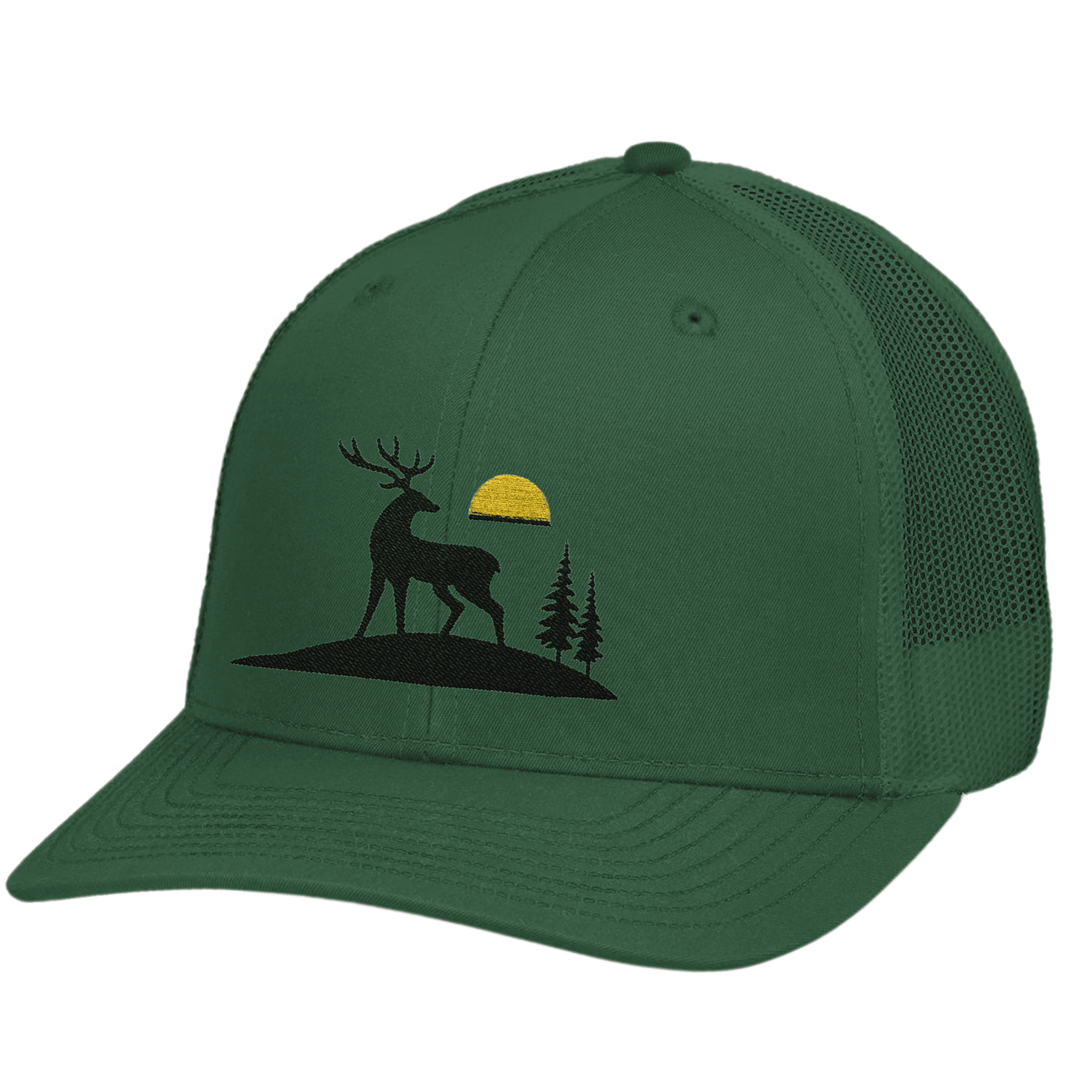 Trucker Cap, Deer Trucker Hat, Embroidered Cap with Sunrise Design, Rustic Hunting Gift for Men, Outdoor Snapback Hat, Designed in USA