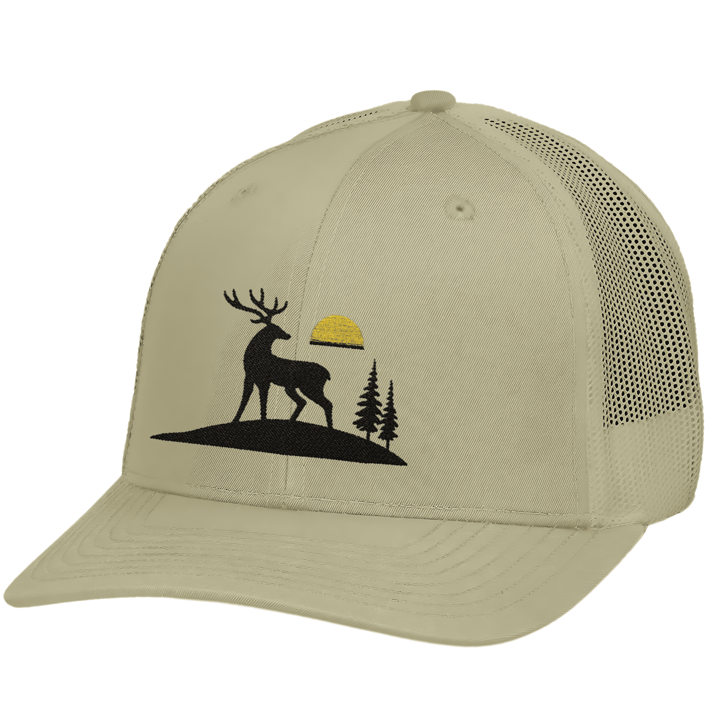 Trucker Cap, Deer Trucker Hat, Embroidered Cap with Sunrise Design, Rustic Hunting Gift for Men, Outdoor Snapback Hat, Designed in USA