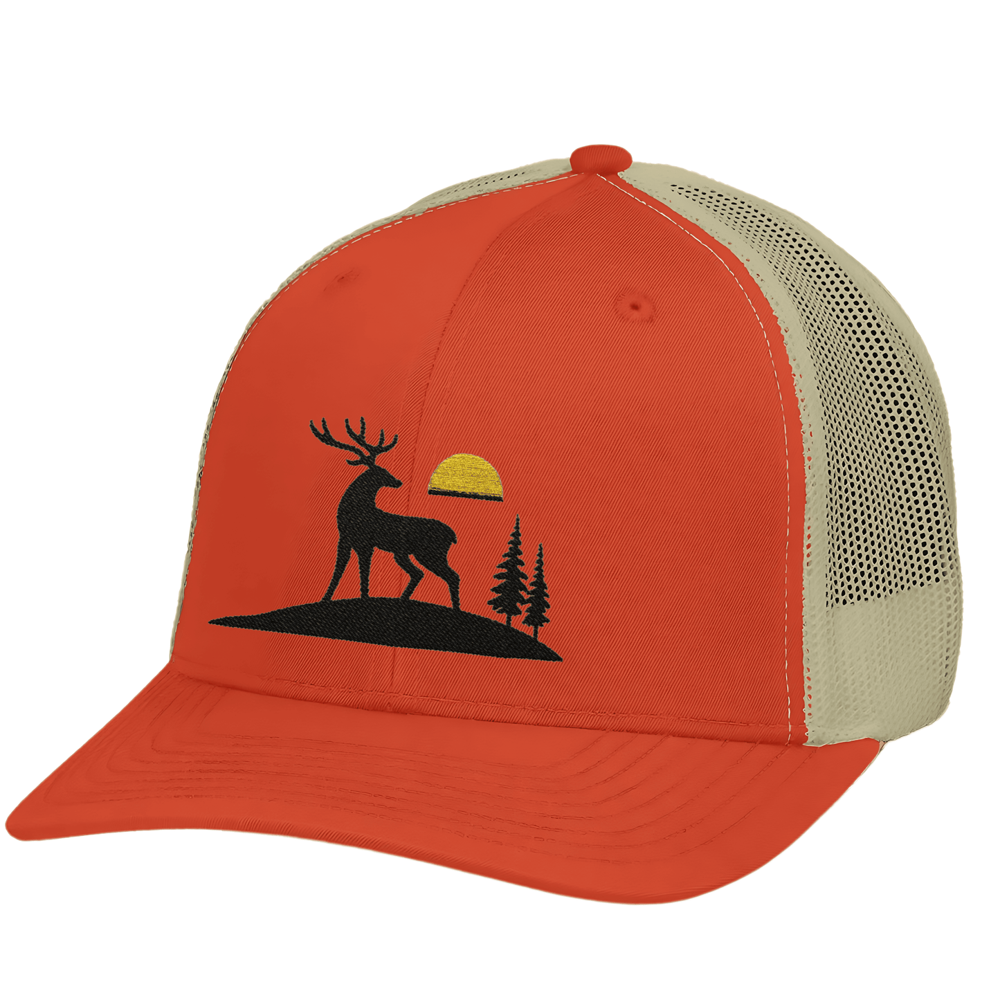 Trucker Cap, Deer Trucker Hat, Embroidered Cap with Sunrise Design, Rustic Hunting Gift for Men, Outdoor Snapback Hat, Designed in USA