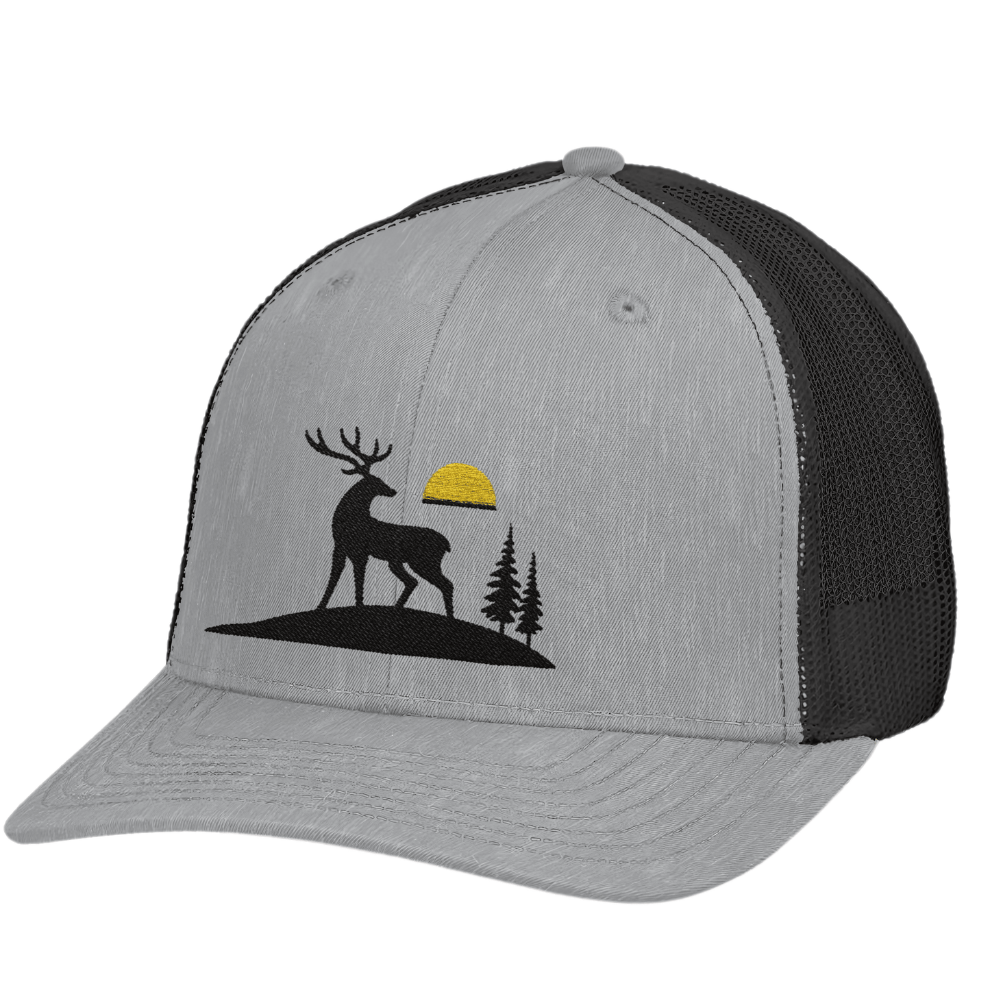 Trucker Cap, Deer Trucker Hat, Embroidered Cap with Sunrise Design, Rustic Hunting Gift for Men, Outdoor Snapback Hat, Designed in USA