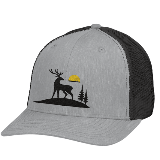 Trucker Cap, Deer Trucker Hat, Embroidered Cap with Sunrise Design, Rustic Hunting Gift for Men, Outdoor Snapback Hat, Designed in USA