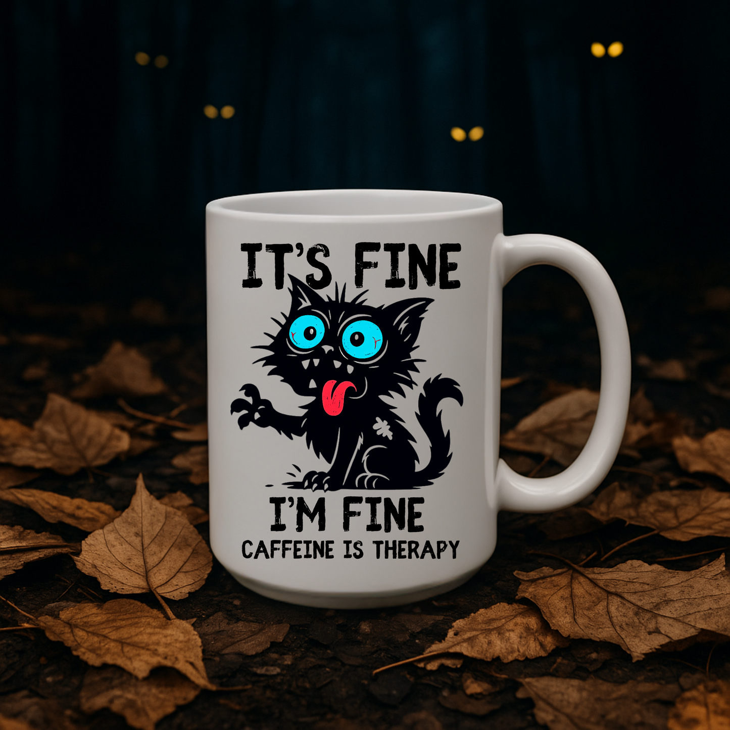 Funny Black Cat Coffee Mug, Caffeine Is Therapy