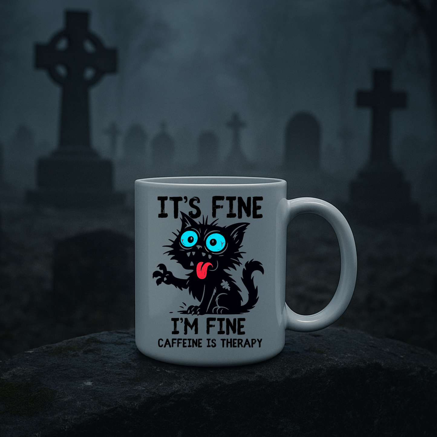 Funny Black Cat Coffee Mug, Caffeine Is Therapy