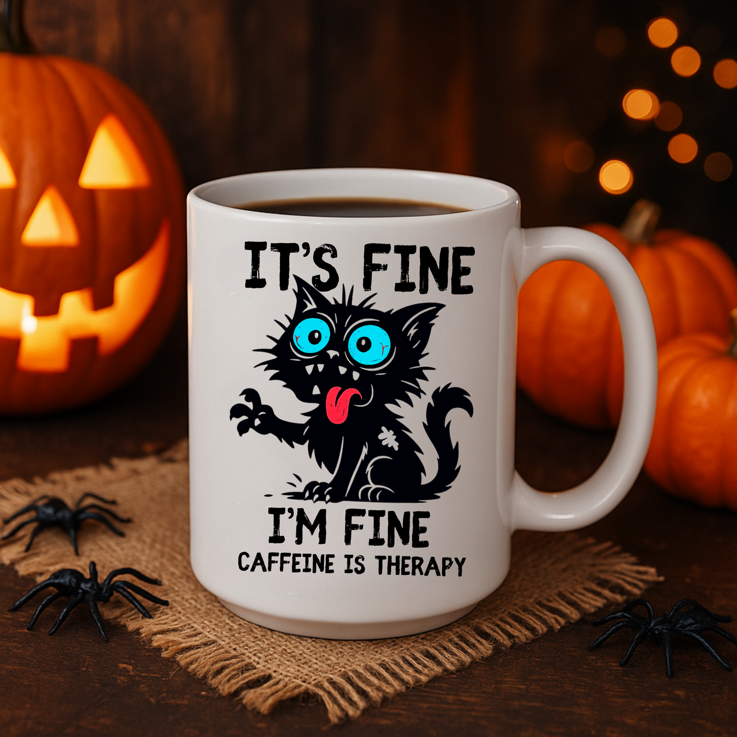 Funny Black Cat Coffee Mug, Caffeine Is Therapy