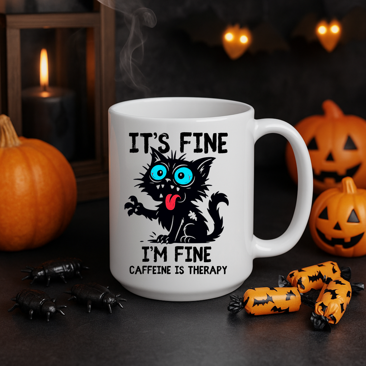 Funny Black Cat Coffee Mug, Caffeine Is Therapy