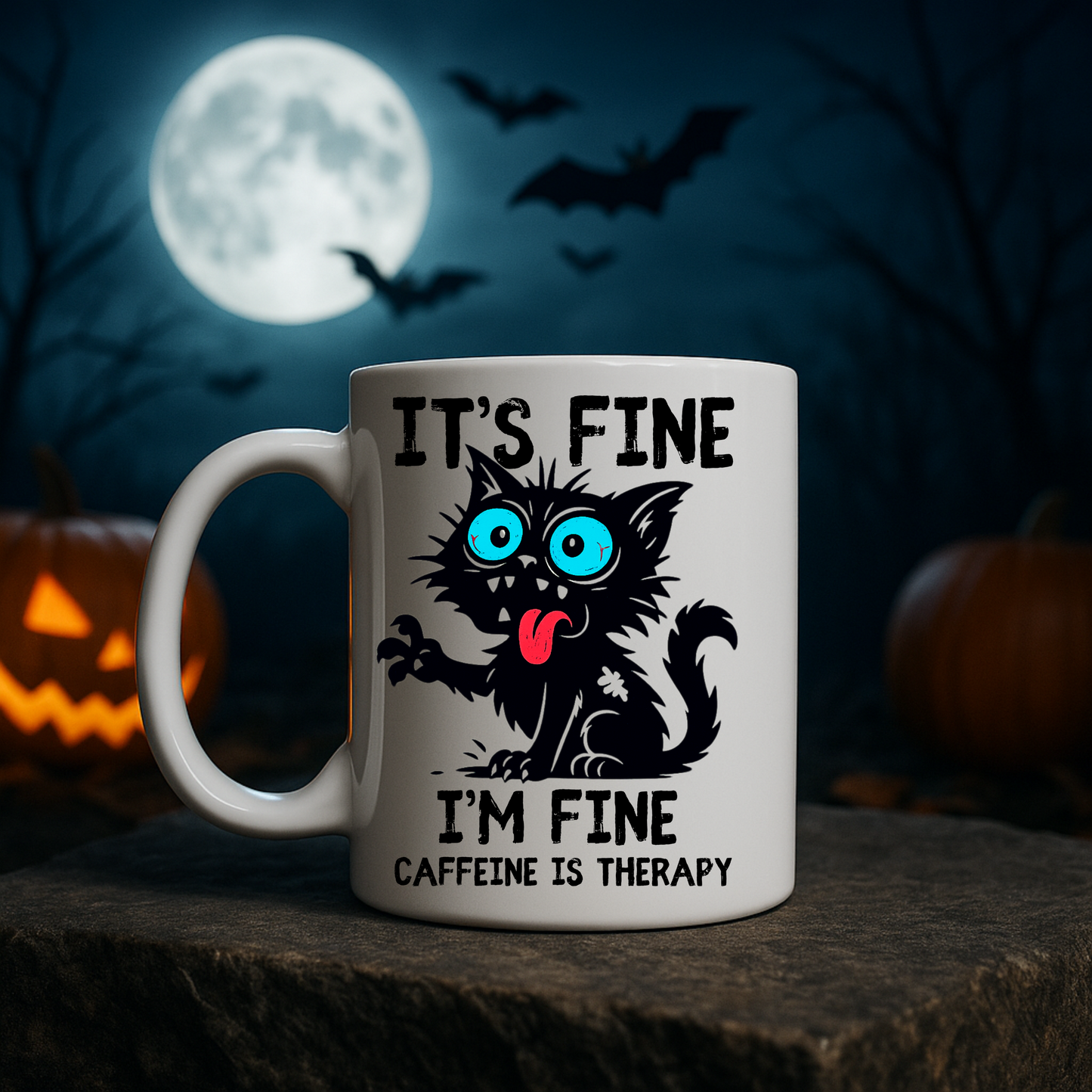 Funny Black Cat Coffee Mug, Caffeine Is Therapy