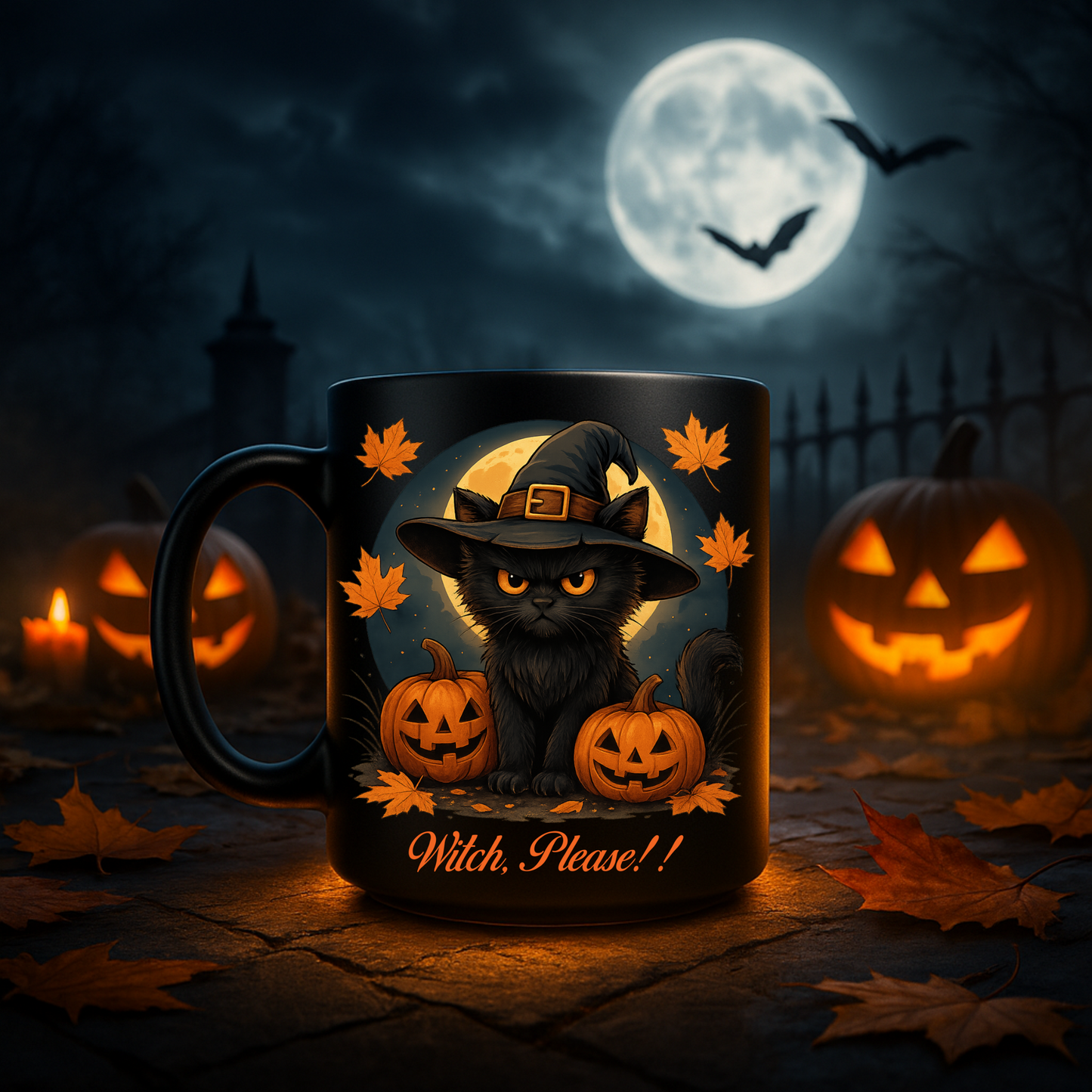 Witch Please Mug, Funny Halloween Coffee Mug with Black Cat