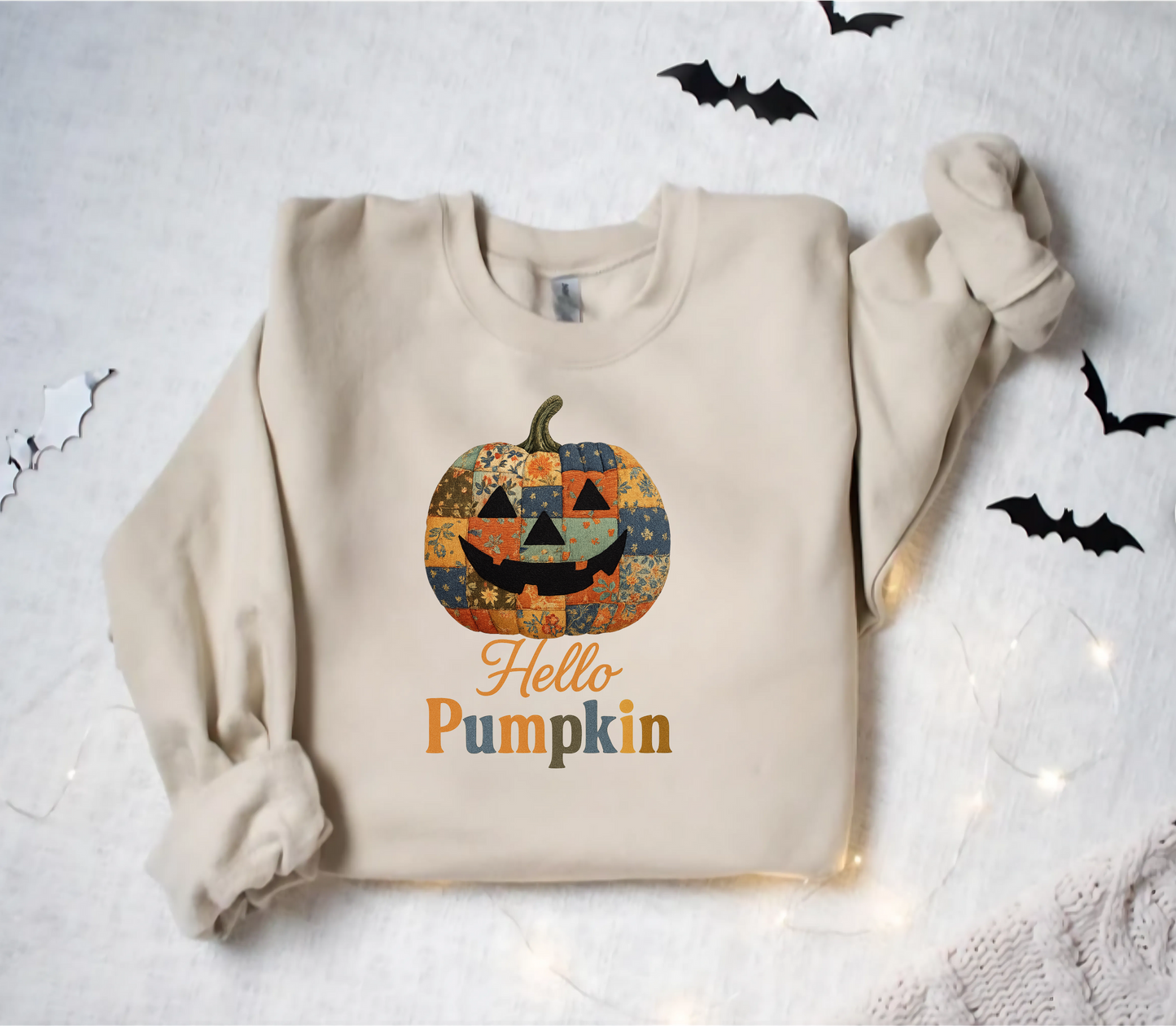 Hello Pumpkin Sweatshirt, Vintage Patchwork Halloween Pullover