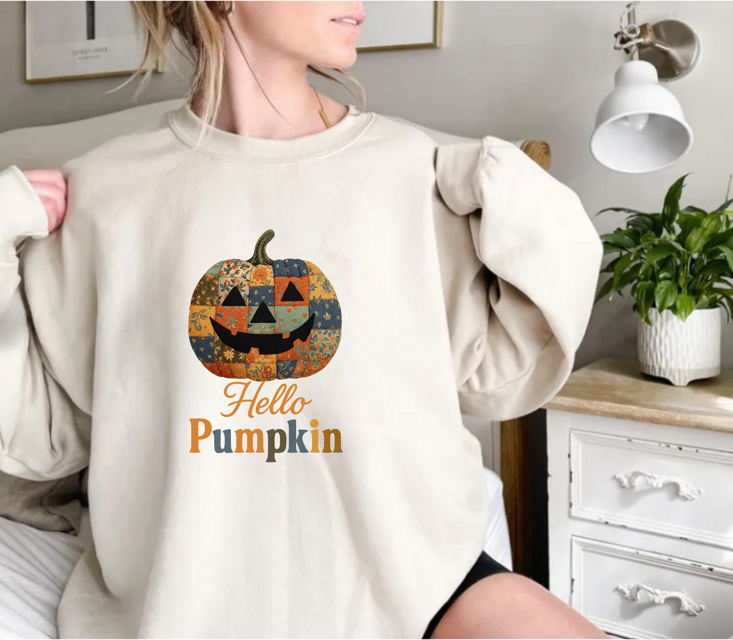 Hello Pumpkin Sweatshirt, Vintage Patchwork Halloween Pullover