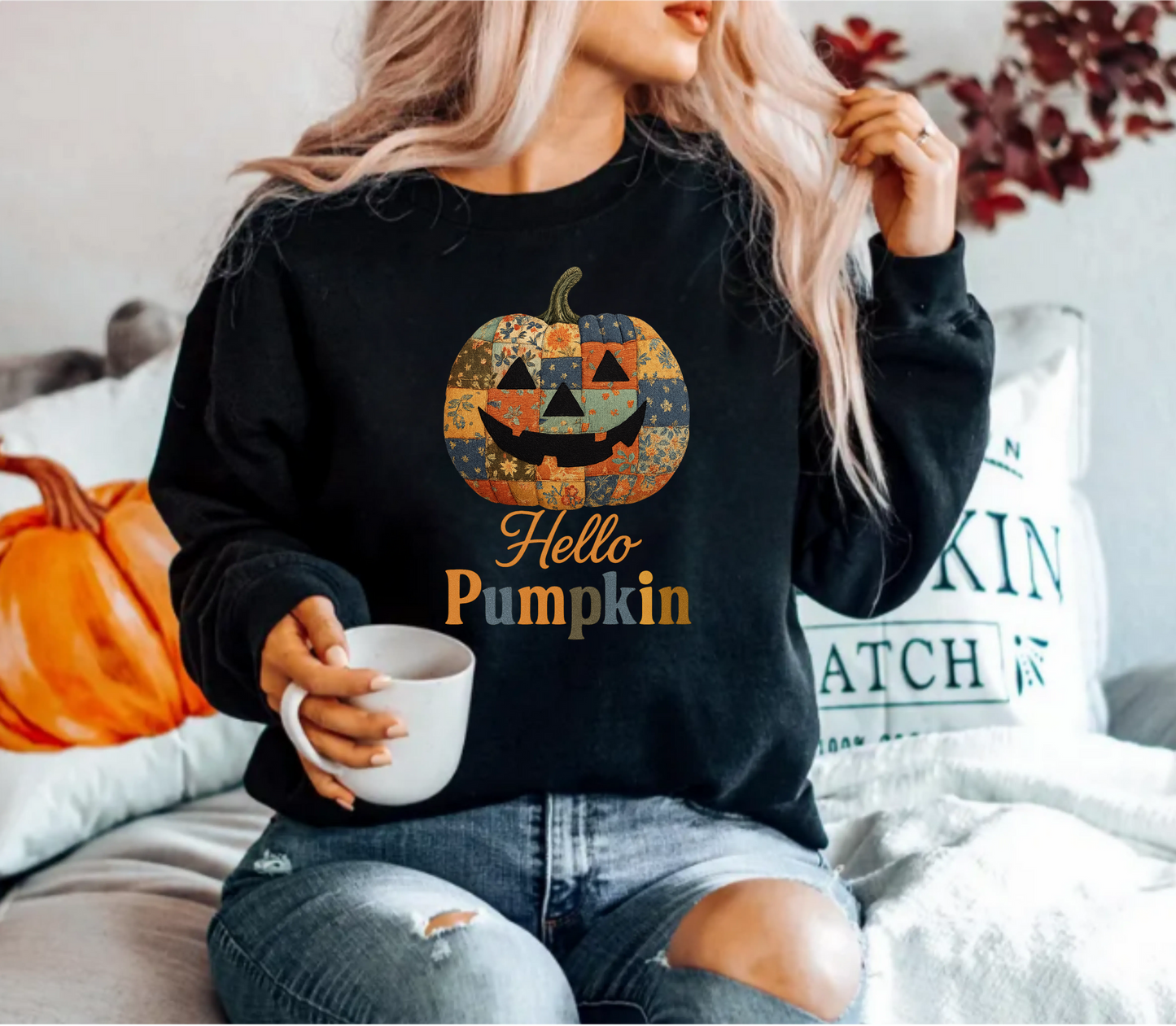 Hello Pumpkin Sweatshirt, Vintage Patchwork Halloween Pullover