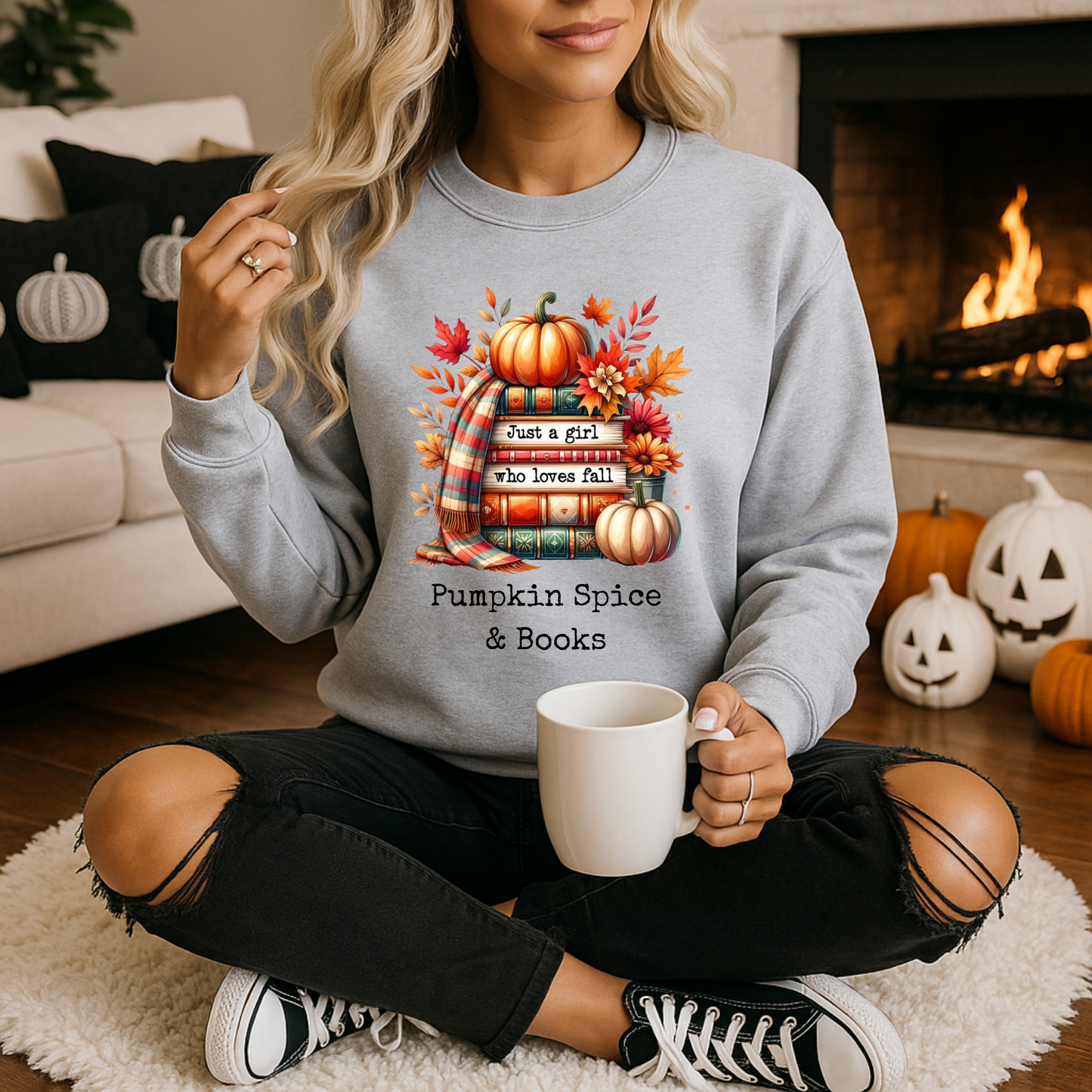 Pumpkin Spice & Books – Embroidered-Style Crewneck