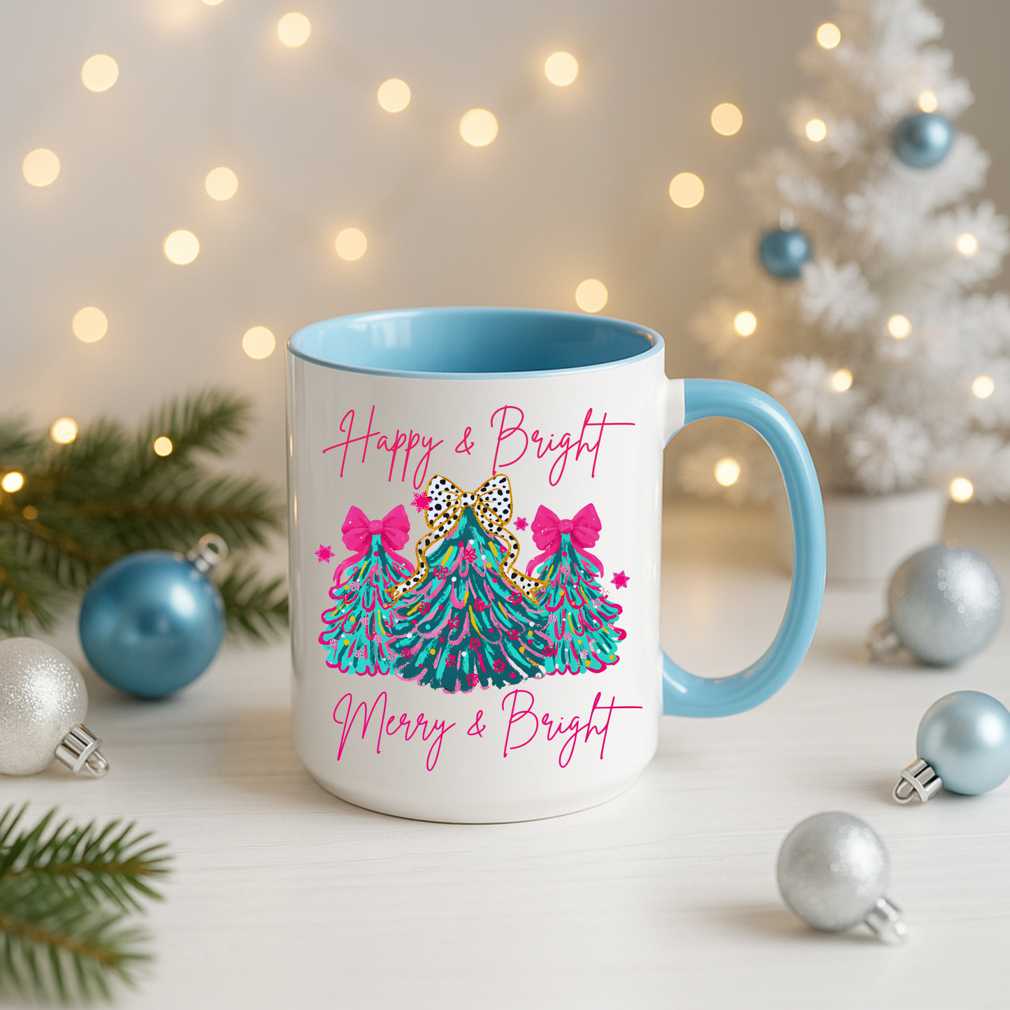 Happy and Bright Christmas Mug, Merry and Bright Coffee Cup