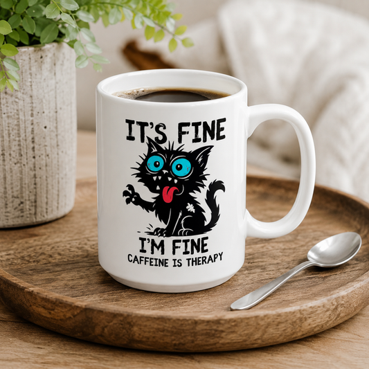 Funny Black Cat Coffee Mug, Caffeine Is Therapy