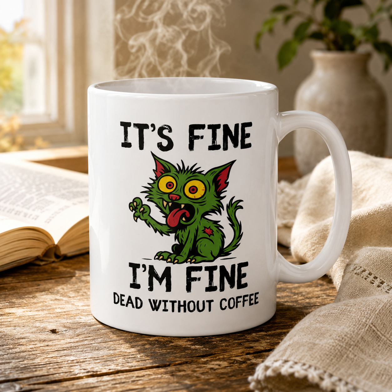 Dead Without Coffee, Zombie Cat Mug