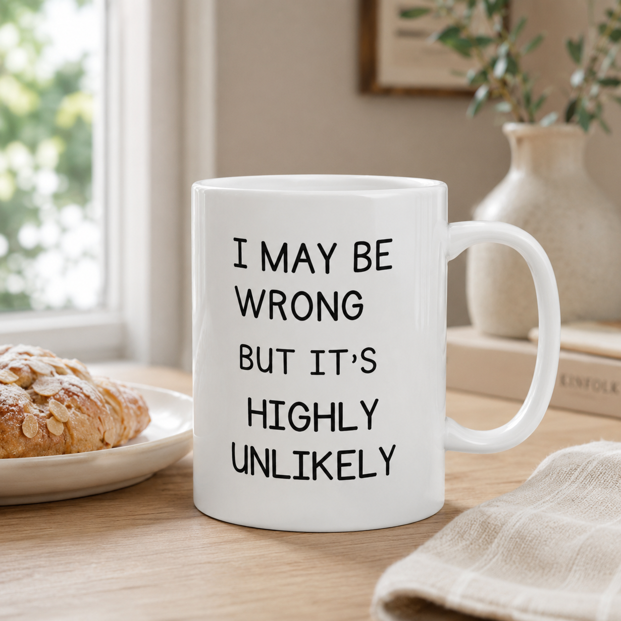 Funny Highly Unlikely Mug, Sarcastic Quote Coffee Cup, Coworker Humor Gift
