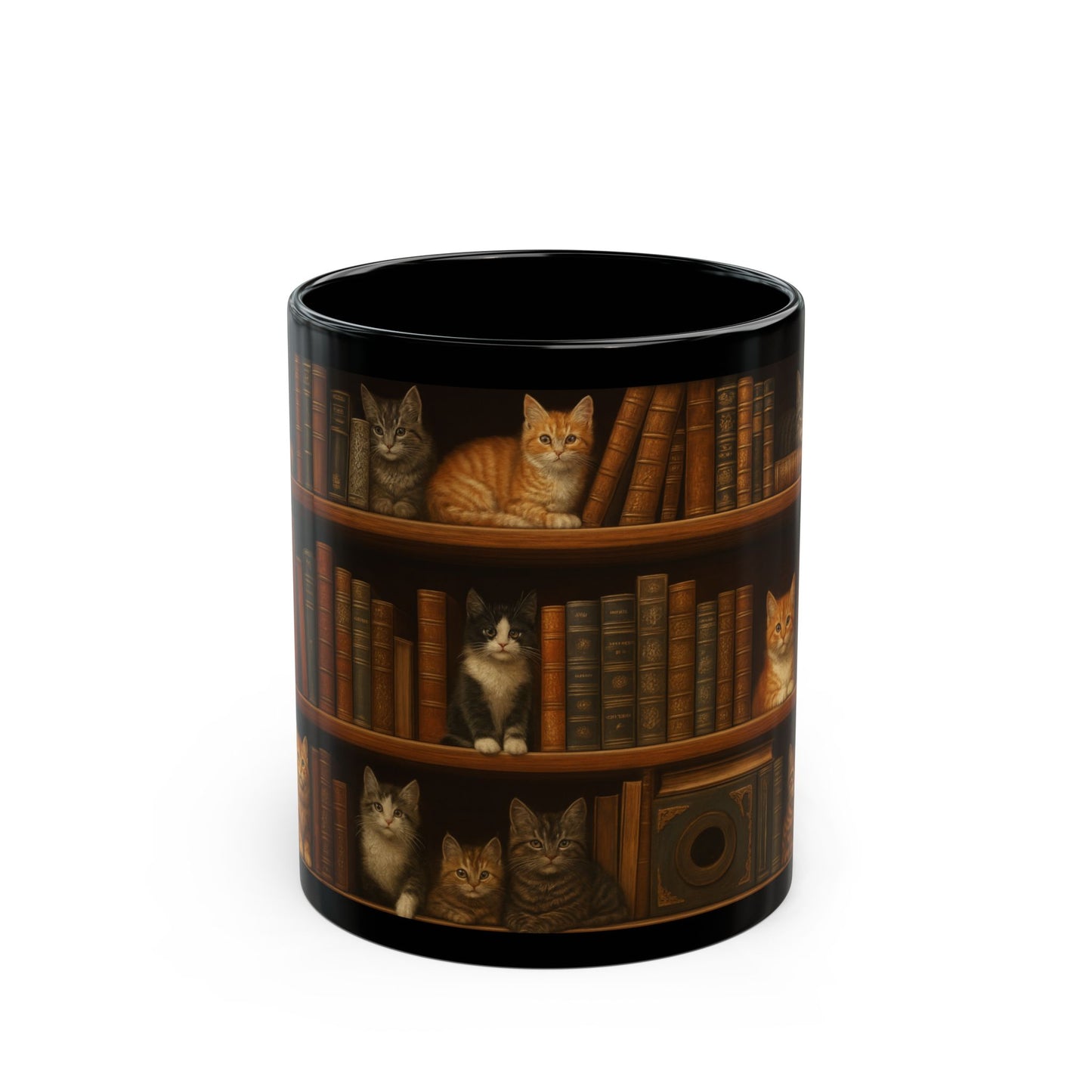 Bookshelf Cats – Black Ceramic Mug