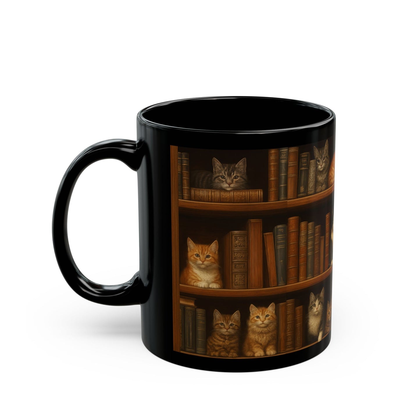 Bookshelf Cats – Black Ceramic Mug