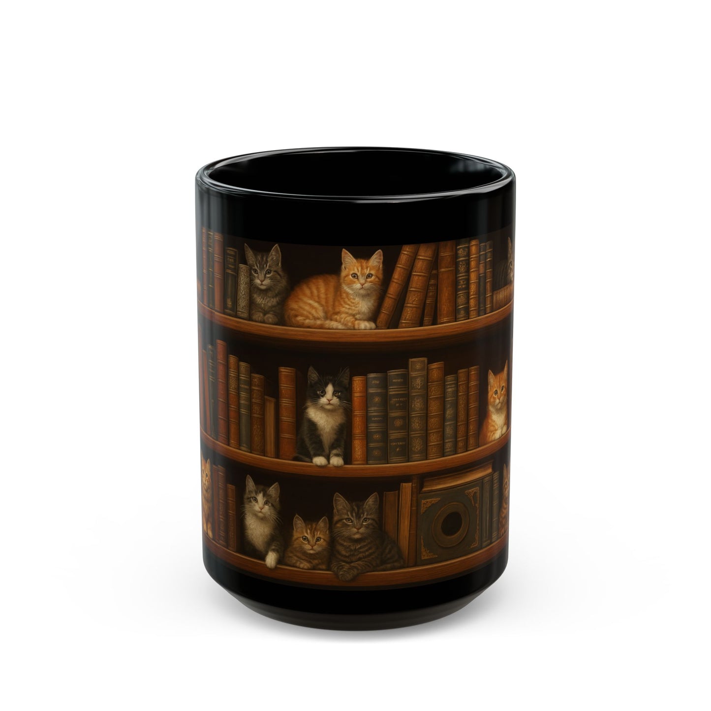 Bookshelf Cats – Black Ceramic Mug