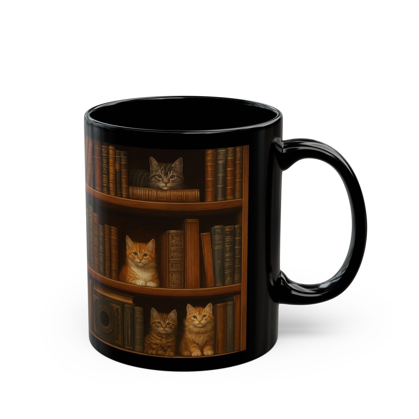 Bookshelf Cats – Black Ceramic Mug